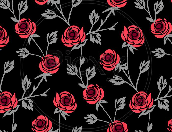 Seamless Rose Flower Pattern With Black Background