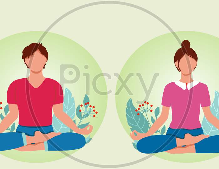 Corona virus outbreak vector concept. boy and girl sit in a meditation pose under Staying home with self quarantine. Protect from viruses.