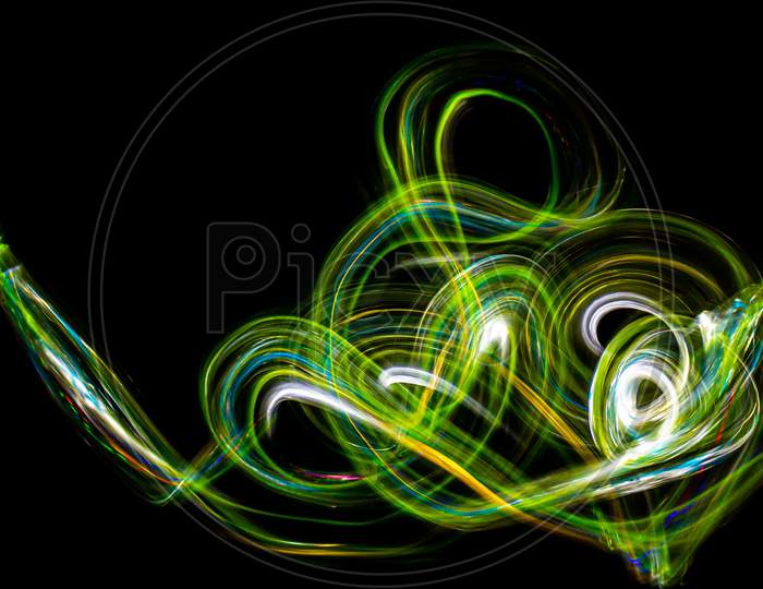 3D Rendering Abstract Painting Of Light On Black Background. Abstract Art Of Iridescent Grilled Colors.