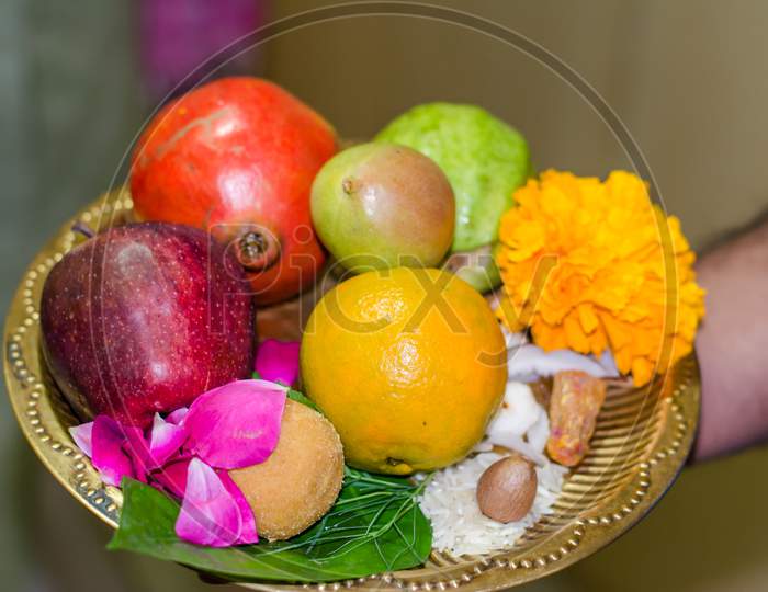 Happy Diwali - Fruits in Plate for Diwali Pooja on deepawali, Diwali Pooja Plate