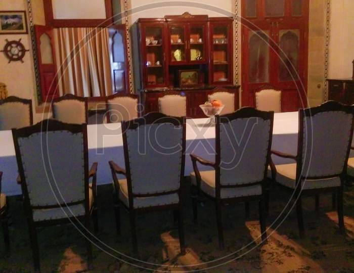 Inside of Vijay Vilas Palace inside furniture image- table, sofa and chair