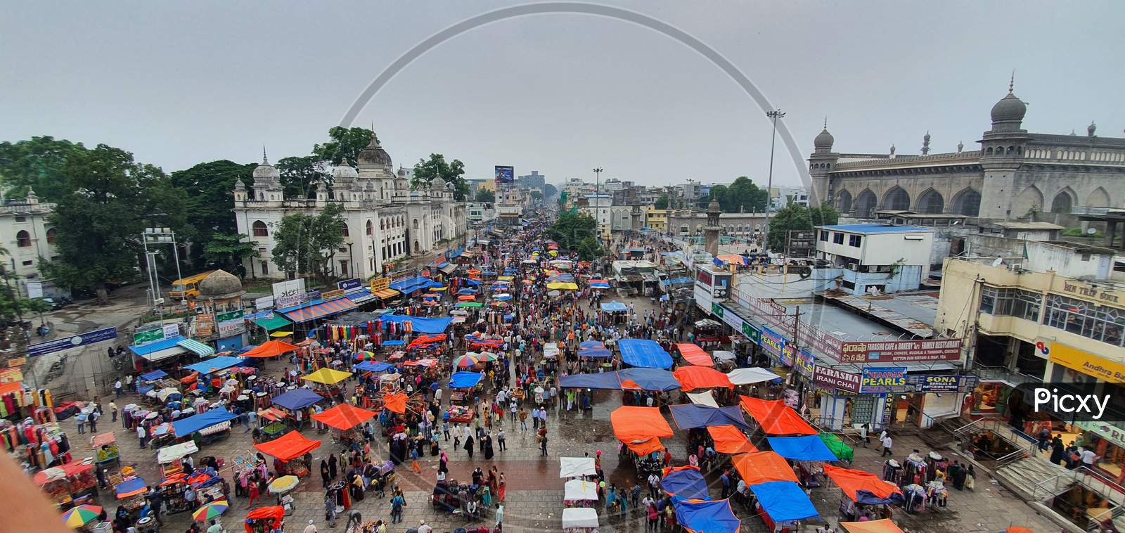 Busy Market near Charminar  during monsoon, Hyderabad