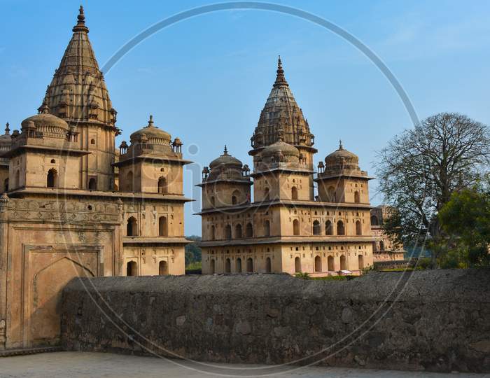 View of royal cenotaphs (Chhatris) of Orchha, Madhya Pradesh, India.
