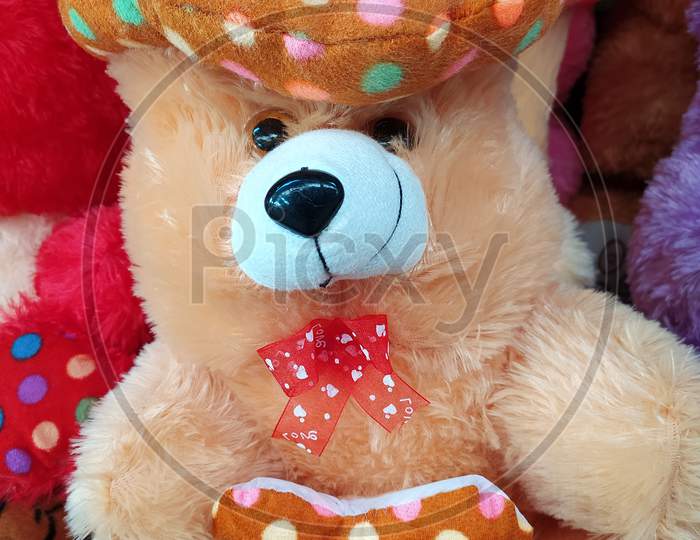 Close up view of teddy bear toy.