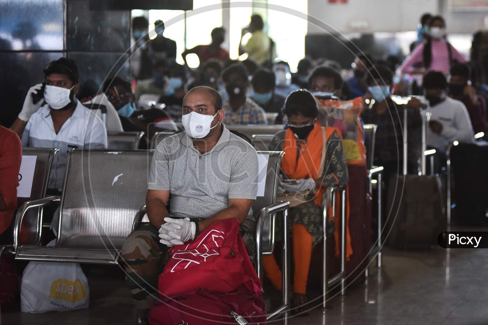 Passengers Wait For Thermal Scanning On Their Arrival At Vijayawada Railway Station On A Special Train From New Delhi, During The Nationwide Lockdown Amid Coronavirus Pandemic In Vijayawada.