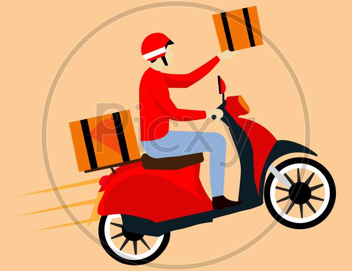 A delivery boy deliver good while riding on the motorcycle.Art & Illustration