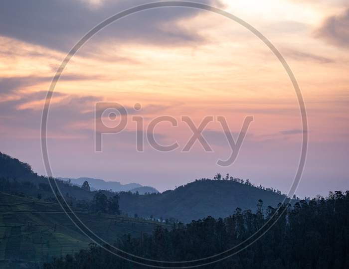 Mountain Dawn View With Orange Sky And Tea Garden