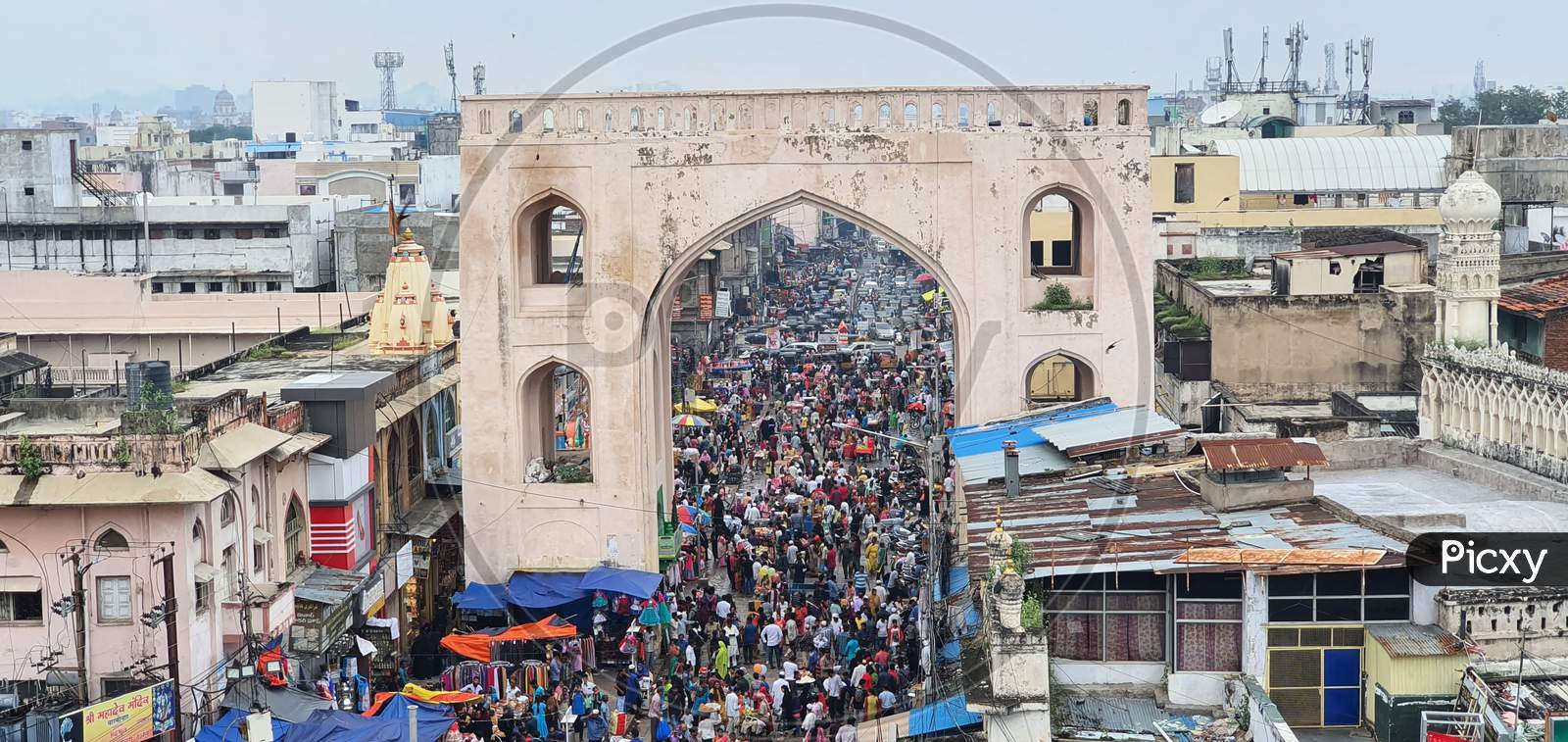 Busy market view from the Charminar in Hyderabad
