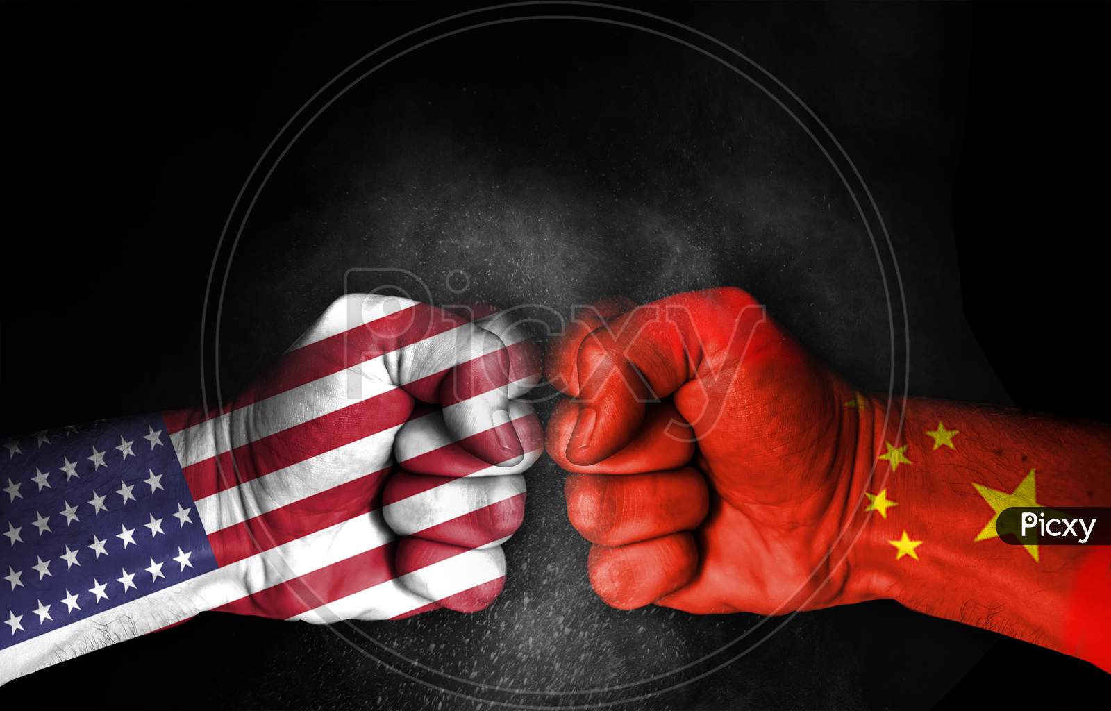 Conflict Between Usa And China, Male Fists With Flags Painted On Skin Isolated On Black Background - Governments Conflict Concept