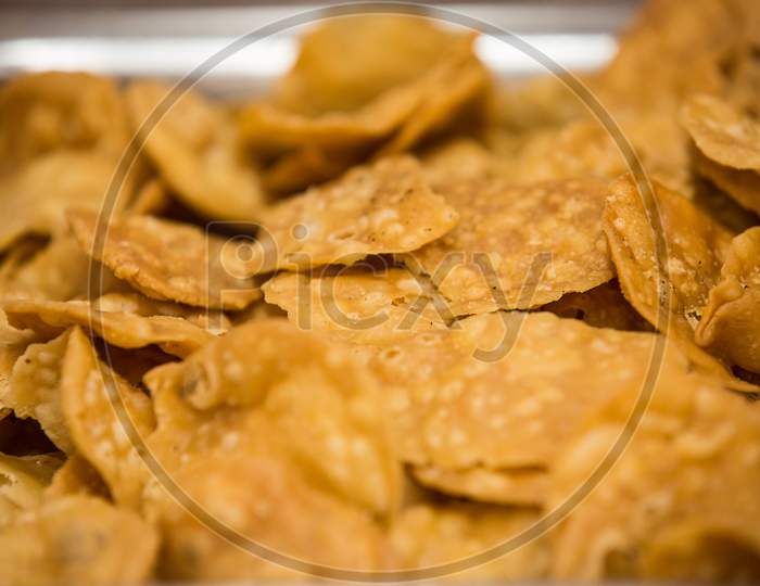 Fried Papdi In A Tray, Indian Food Concept,Closeup, Background