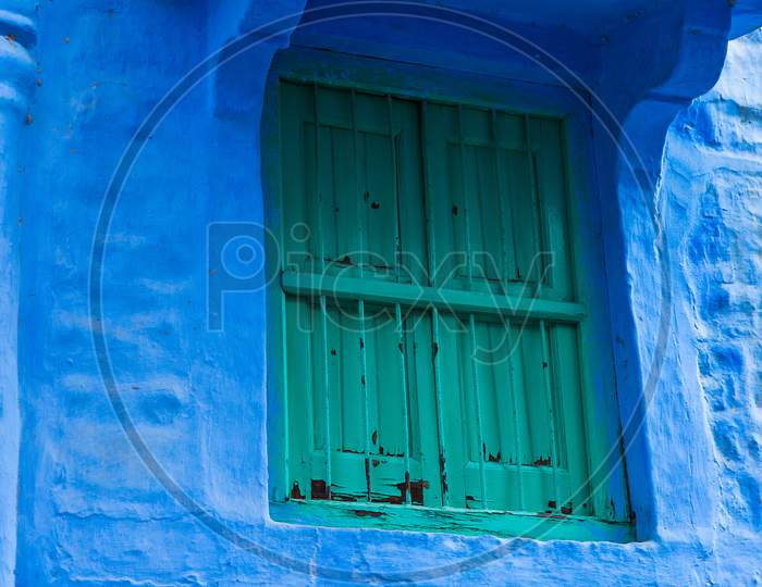 Old Style Green Window Against Blue Wall, Vintage Jodhpur Background - Image