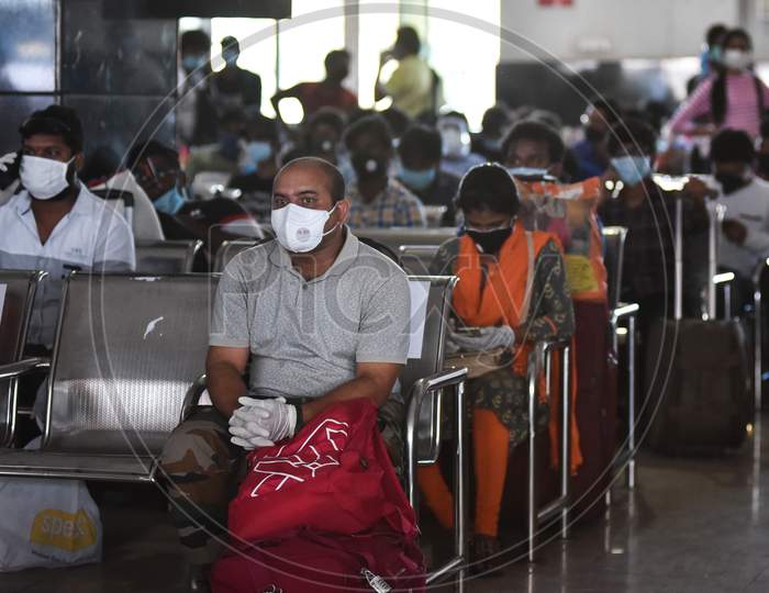Passengers Wait For Thermal Scanning On Their Arrival At Vijayawada Railway Station On A Special Train From New Delhi, During The Nationwide Lockdown Amid Coronavirus Pandemic In Vijayawada.