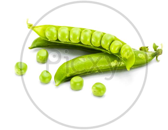 Fresh green peas isolated on white background