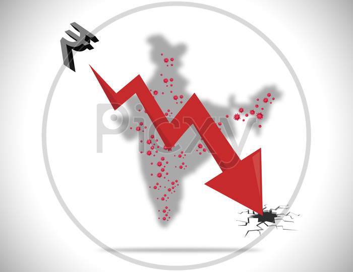 Illustration On Fall Of Indian Economy Or Economy Crisis Due To Corona Virus And Covid-19 In The India.