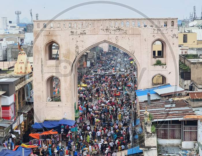 Busy market view from the Charminar in Hyderabad