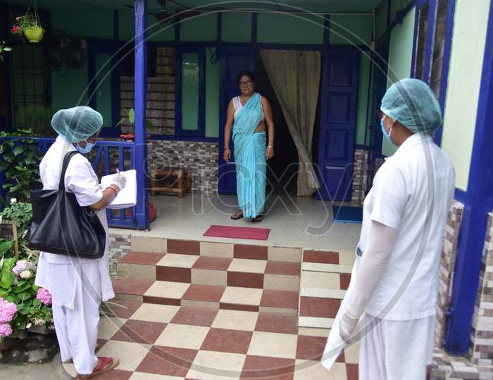 Health Workers  Conducting  House To House Health Survey  During Nationwide Lockdown Amidst Coronavirus or COVID-19 Pandemic  In Nagaon District Of Assam,India