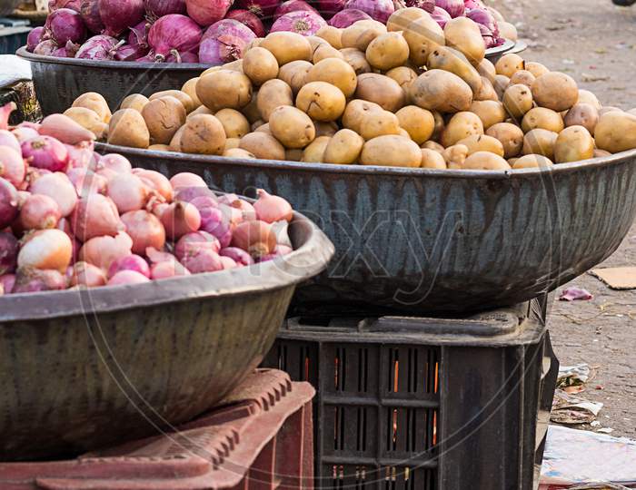 Red Onions And Potatoes In The Market, Agriculture And Food Concept
