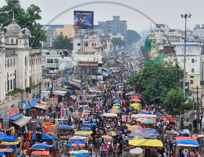 Top view of busy market from Charminar in Hyderabad