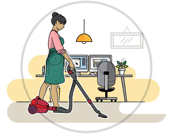 Illustration of women dusting in the house, toilet & office room