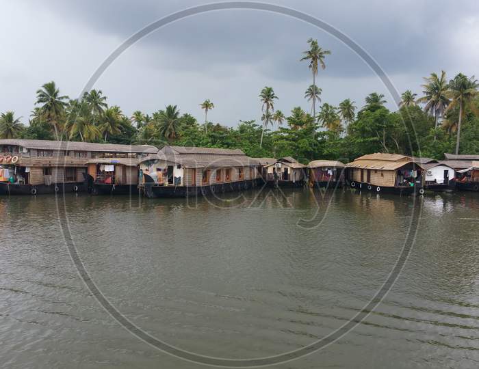 Houseboats line up on the backwaters of kerala