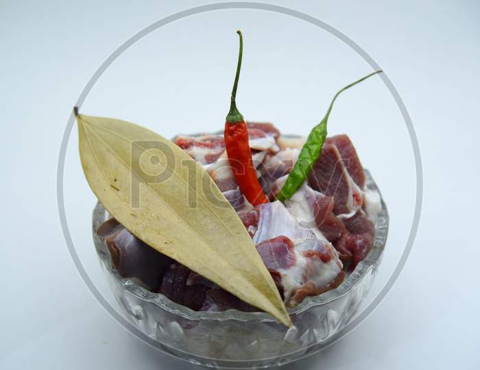 Chopped raw meat on white background , top view . raw Lamb and mutton meat isolated.