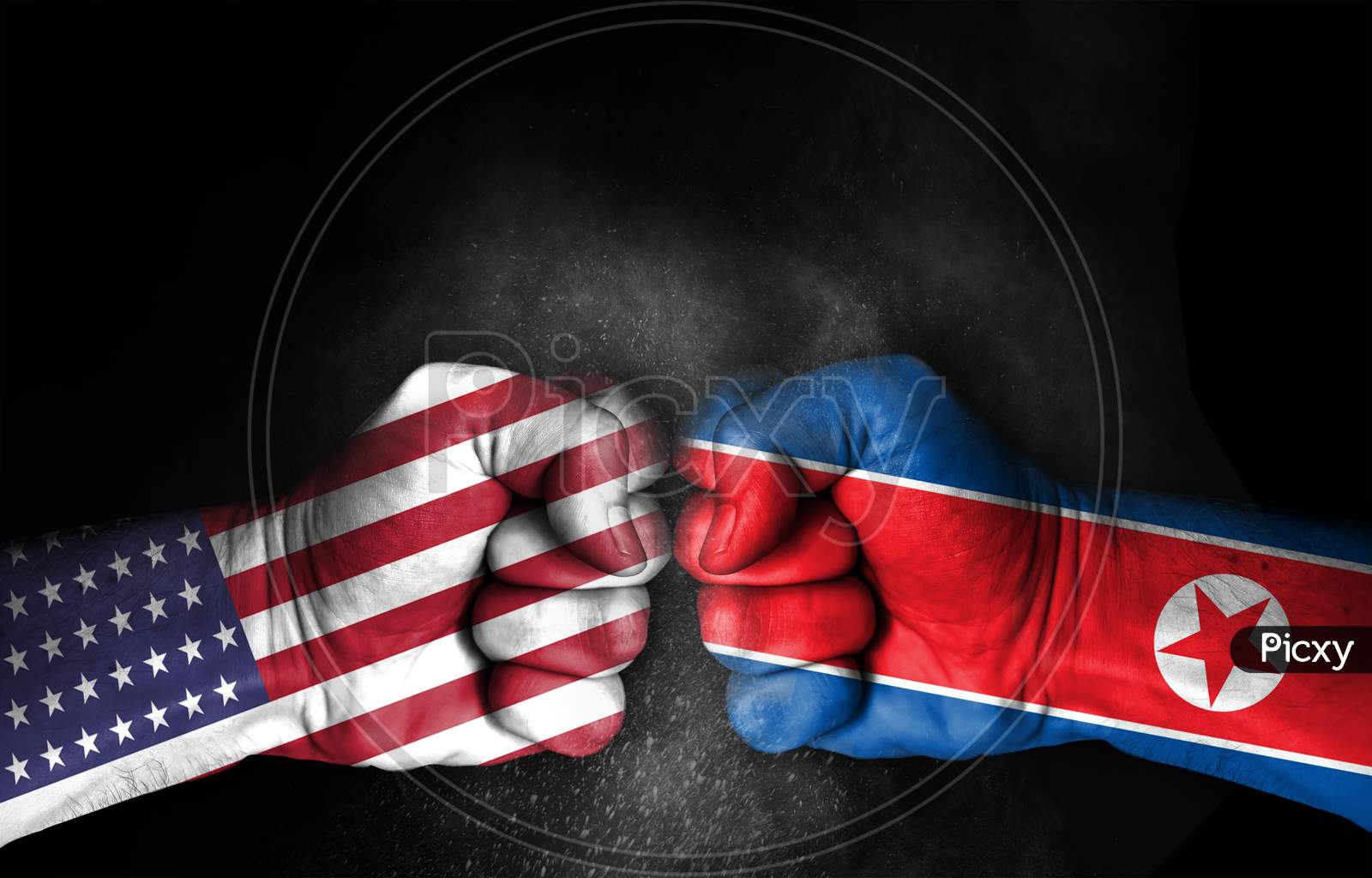 Conflict Between Usa And North Korea, Male Fists With Flags Painted On Skin Isolated On Black Background - Governments Conflict Concept