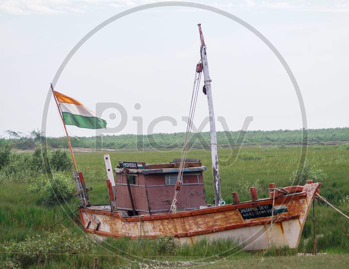 Boat on the beach green grass abstract background