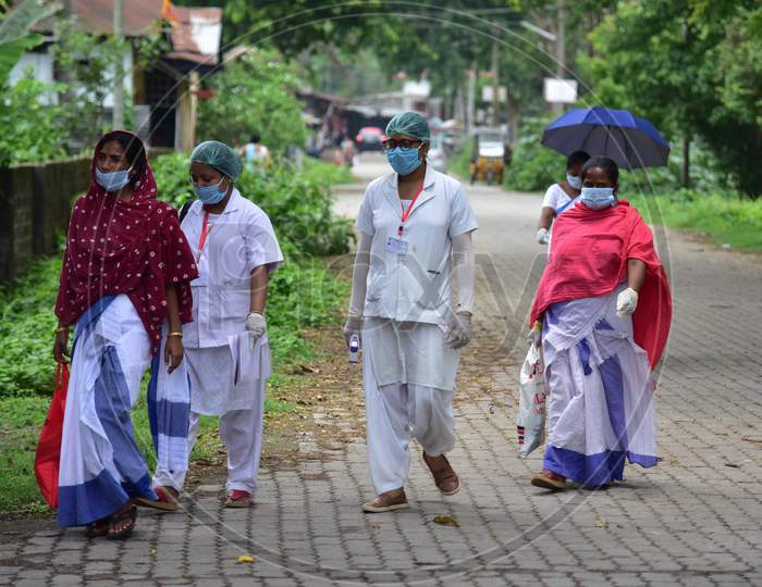 Health Workers Team  Conducting  House To House Health Survey  During Nationwide Lockdown Amidst Coronavirus or COVID-19 Pandemic  In Nagaon District Of Assam,India