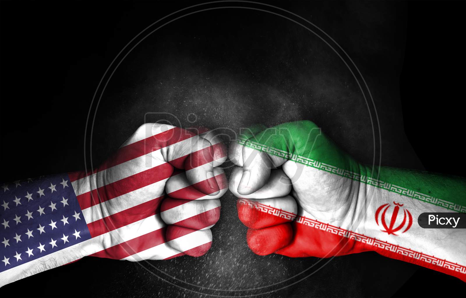 Conflict Between Usa And Iran, Male Fists With Flags Painted On Skin Isolated On Black Background - Governments Conflict Concept