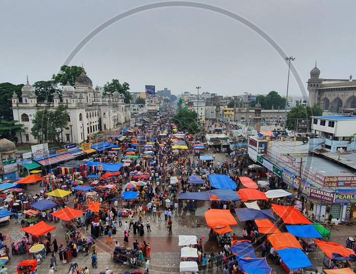 Busy market street next to Charminar, Hyderabad