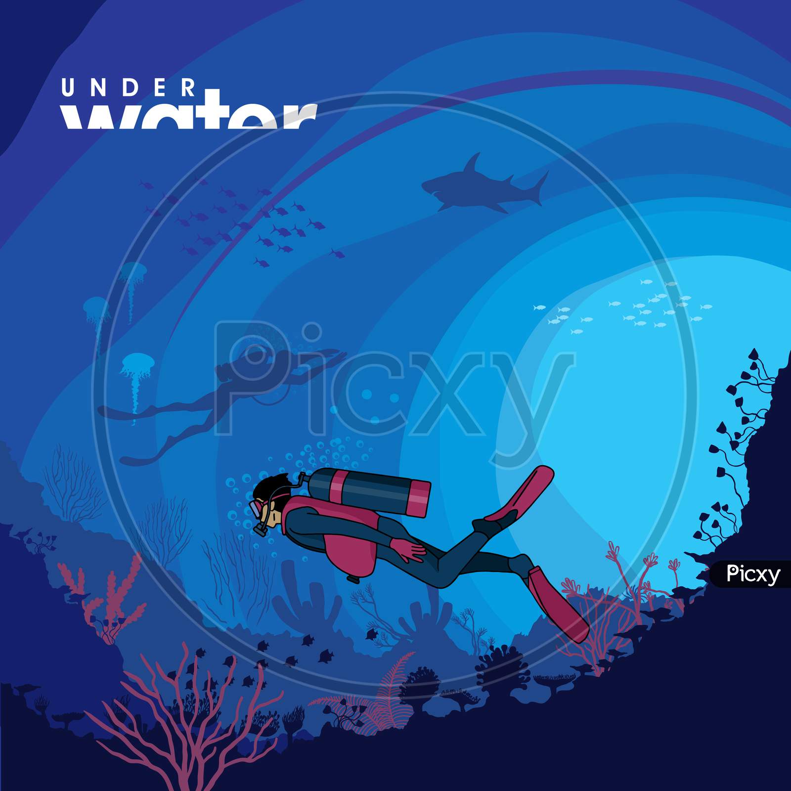 Young man scuba diver exploring coral reef, underwater activities