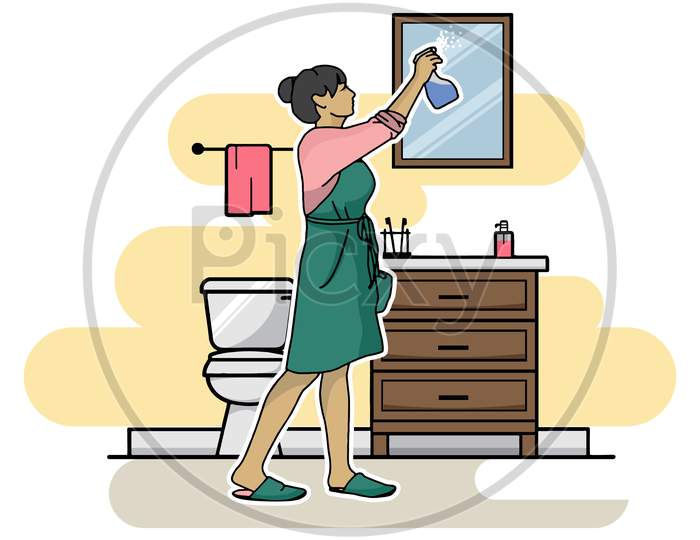 Illustration of women dusting in the house, toilet & office room