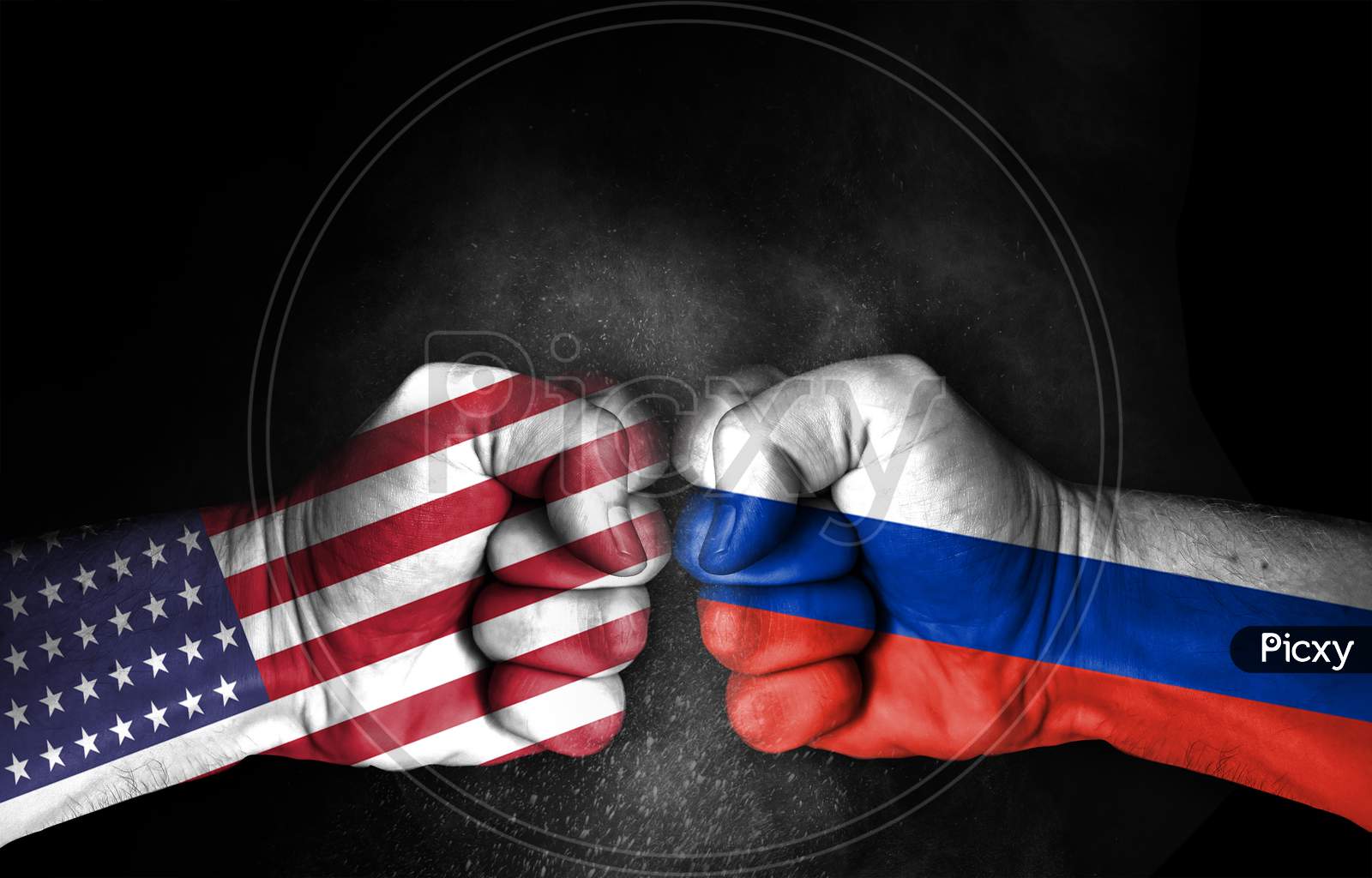 Conflict Between Usa And Russia, Male Fists With Flags Painted On Skin Isolated On Black Background - Governments Conflict Concept