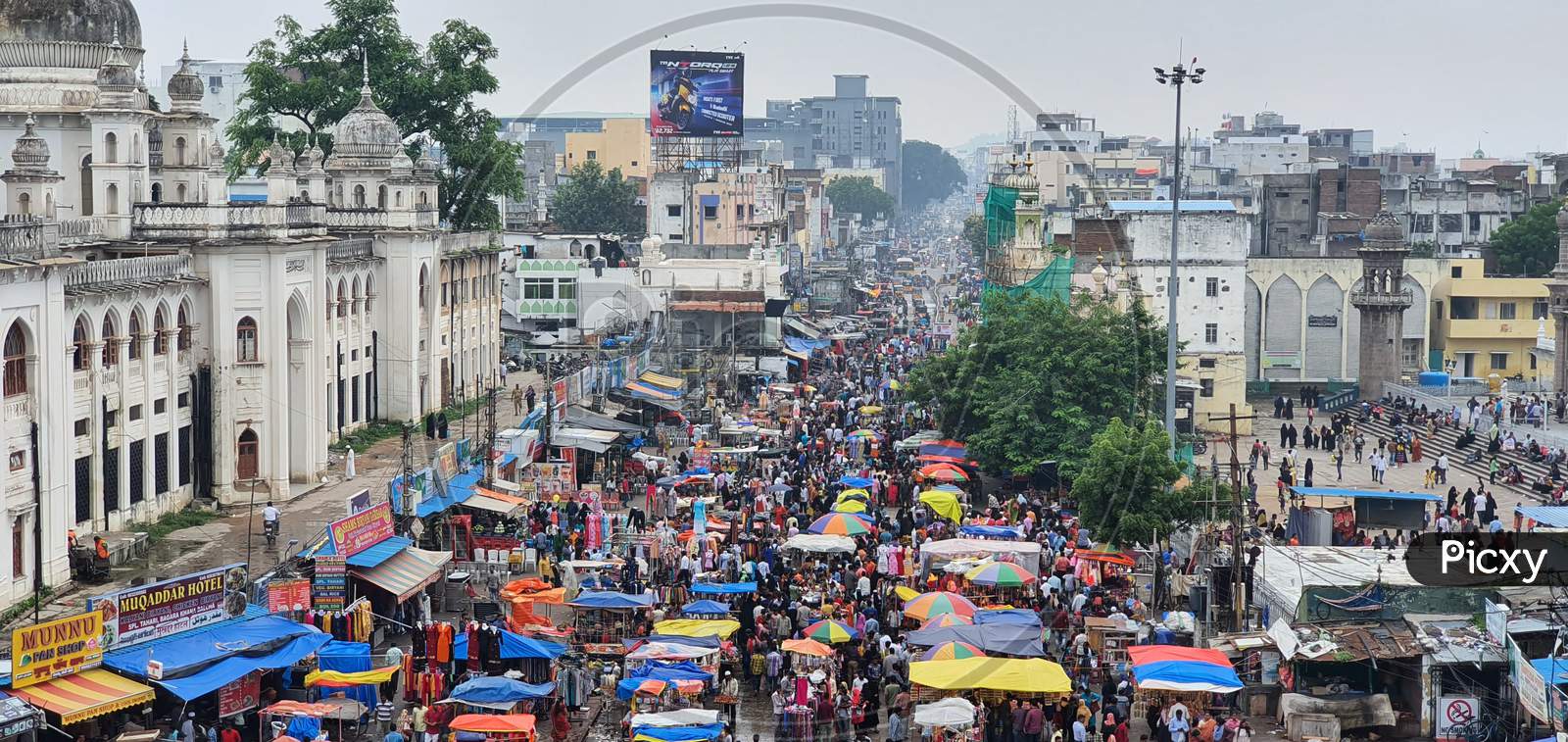 Top view of busy market from Charminar in Hyderabad