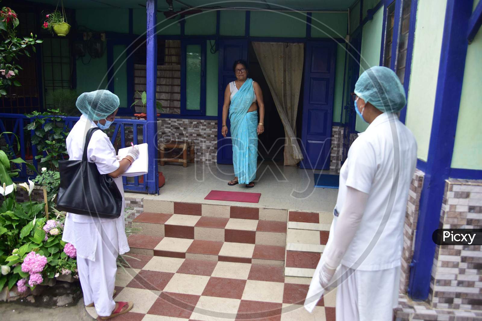Health Workers  Conducting  House To House Health Survey  During Nationwide Lockdown Amidst Coronavirus or COVID-19 Pandemic  In Nagaon District Of Assam,India