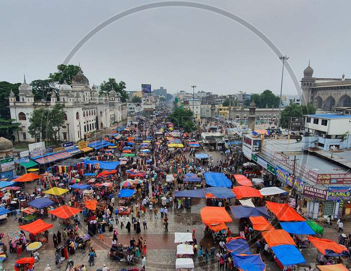 Busy Market near Charminar  during monsoon, Hyderabad