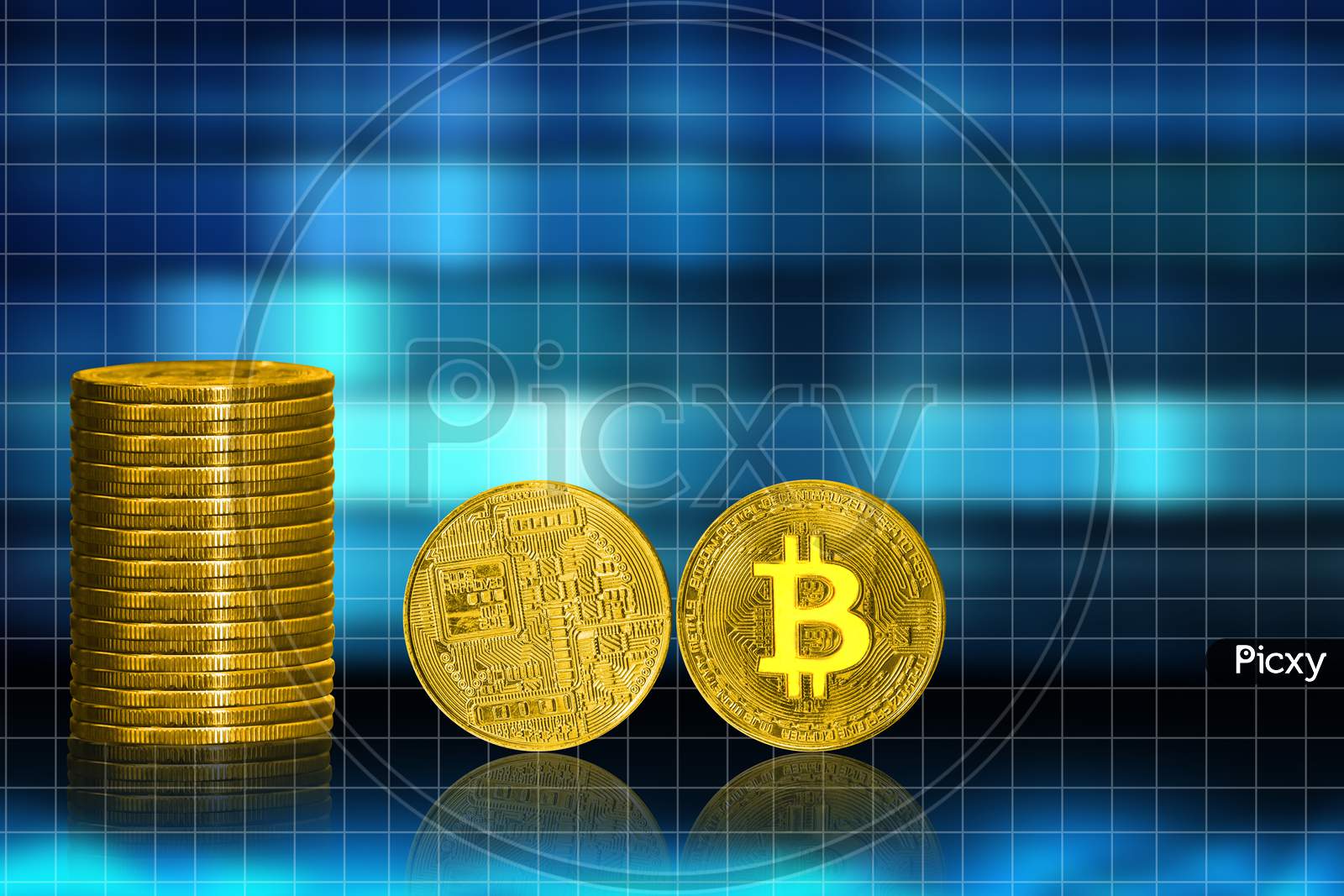 Stack Of Golden Bitcoins On Blue Background, 3D Illustration