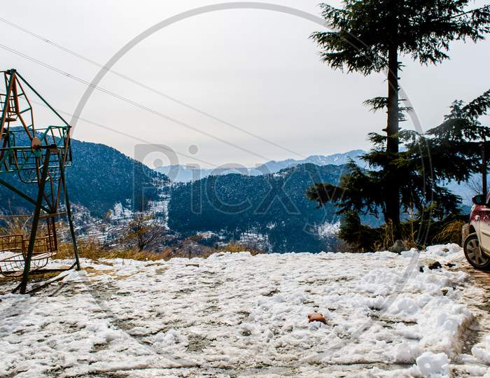 Patnitop a city of Jammu and its park covered with white snow, Winter landscape