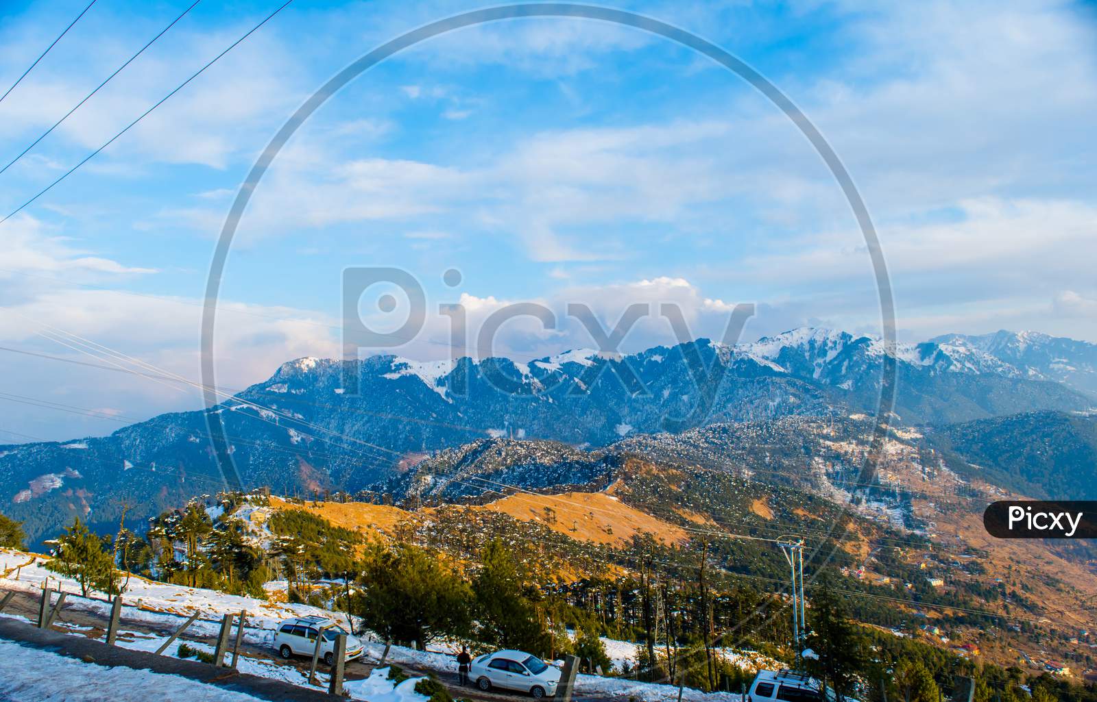 himalayan mountain range covered with the snow at patnitop a city of Jammu, Winter landscape