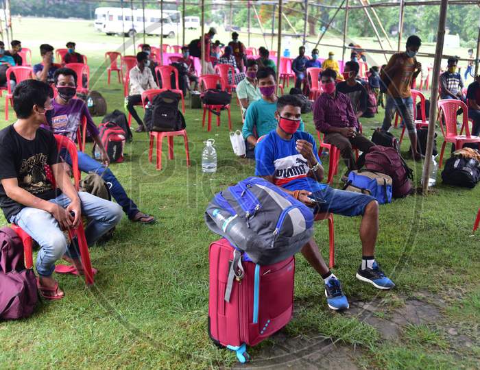 Migrants  Wait For  Swab Sample  Test After Arriving From Chennai Via Shramik Special Train During Nationwide Lockdown Amidst Coronavirus or COVID-19 Pandemic  In Nagaon District Of Assam,India