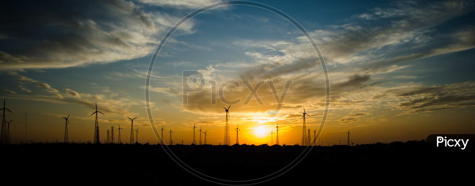 Windmills in Jaisalmer desert area, view from Bara bagh Jaisalmer, Rajasthan India