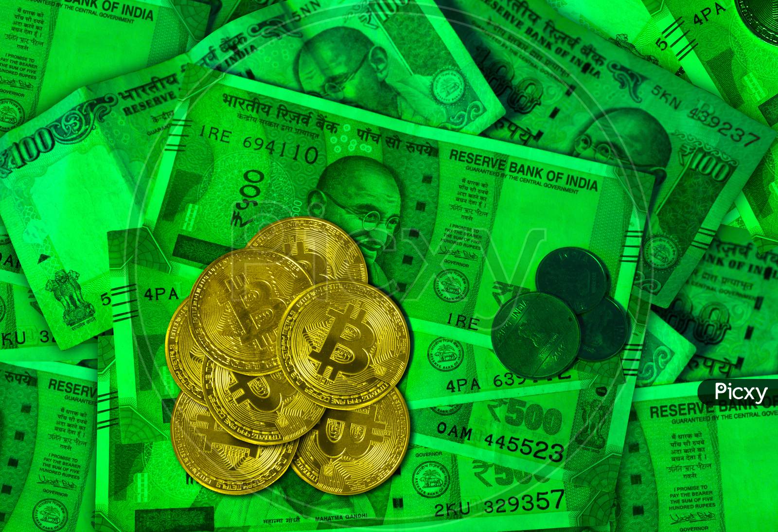 Golden Bitcoins On Indian Rupees Banknote, 3D Illustration