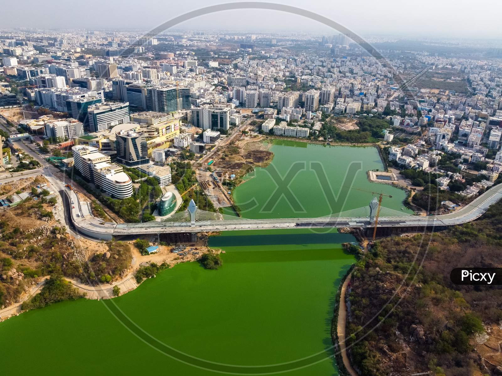 Aerial View Of Newly Constructed Cable Bridge At Durgam Cheruvu In Hyderabad