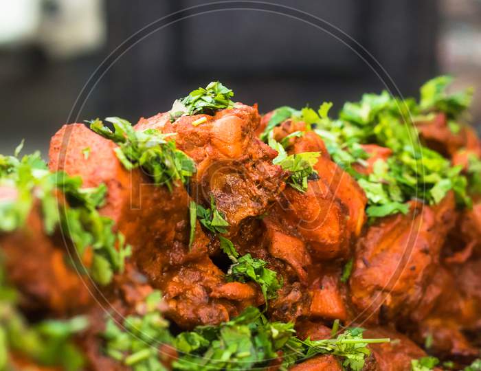 Indian Style Roasted Chicken Or Tandoori Chicken Garnished With Mint Leaves . Indian Non Vegetarian Food. - Image