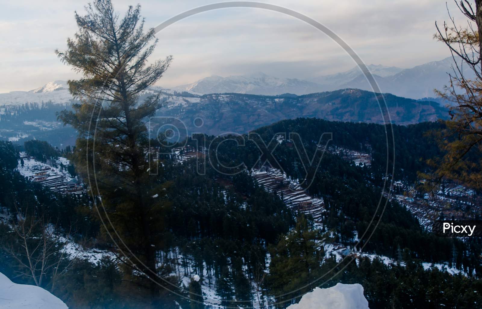 himalayan mountain range covered with the snow at patnitop a city of Jammu, Winter landscape