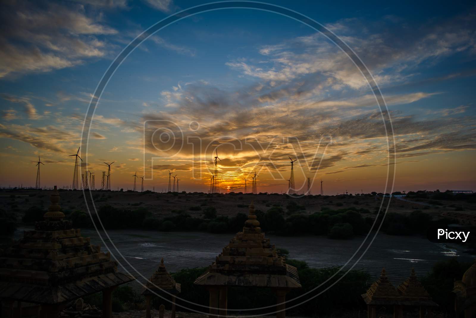 Windmills in Jaisalmer desert area, view from Bara bagh Jaisalmer, Rajasthan India