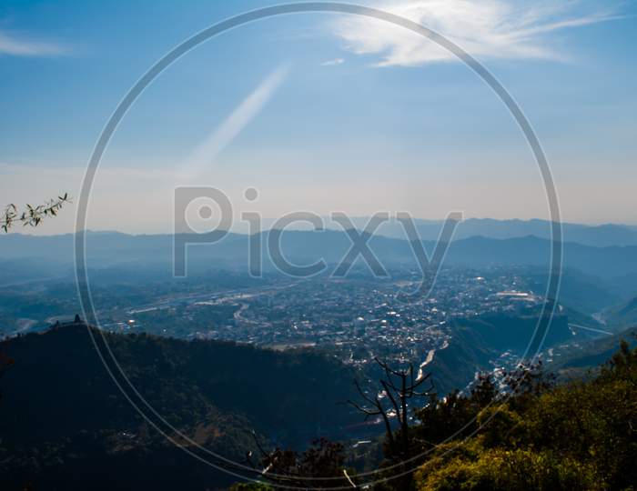 beautiful city and himalayan mountain range view from mountain of vaishnodevi, patnitop and Nathatop Jammu