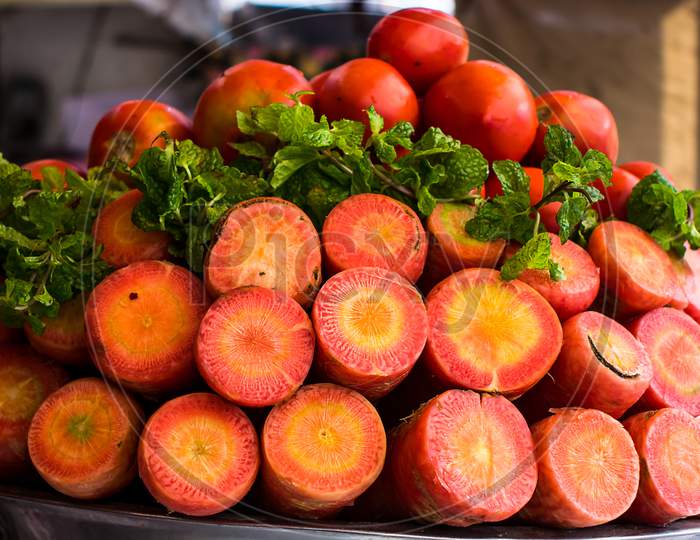 Fresh Carrots Along With Mint Leaves And Tomatoes, Health, Juice - Image