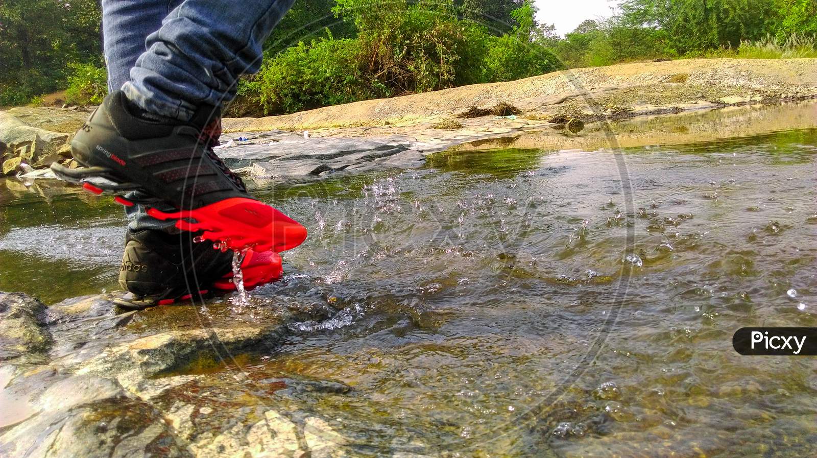 Red and black adidas shoes in river water