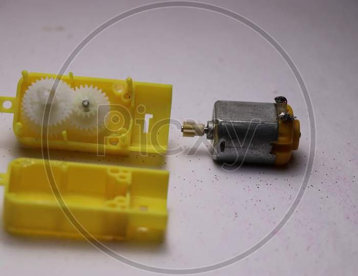 Dc Gear Motor Disassembled With Gears Visible
